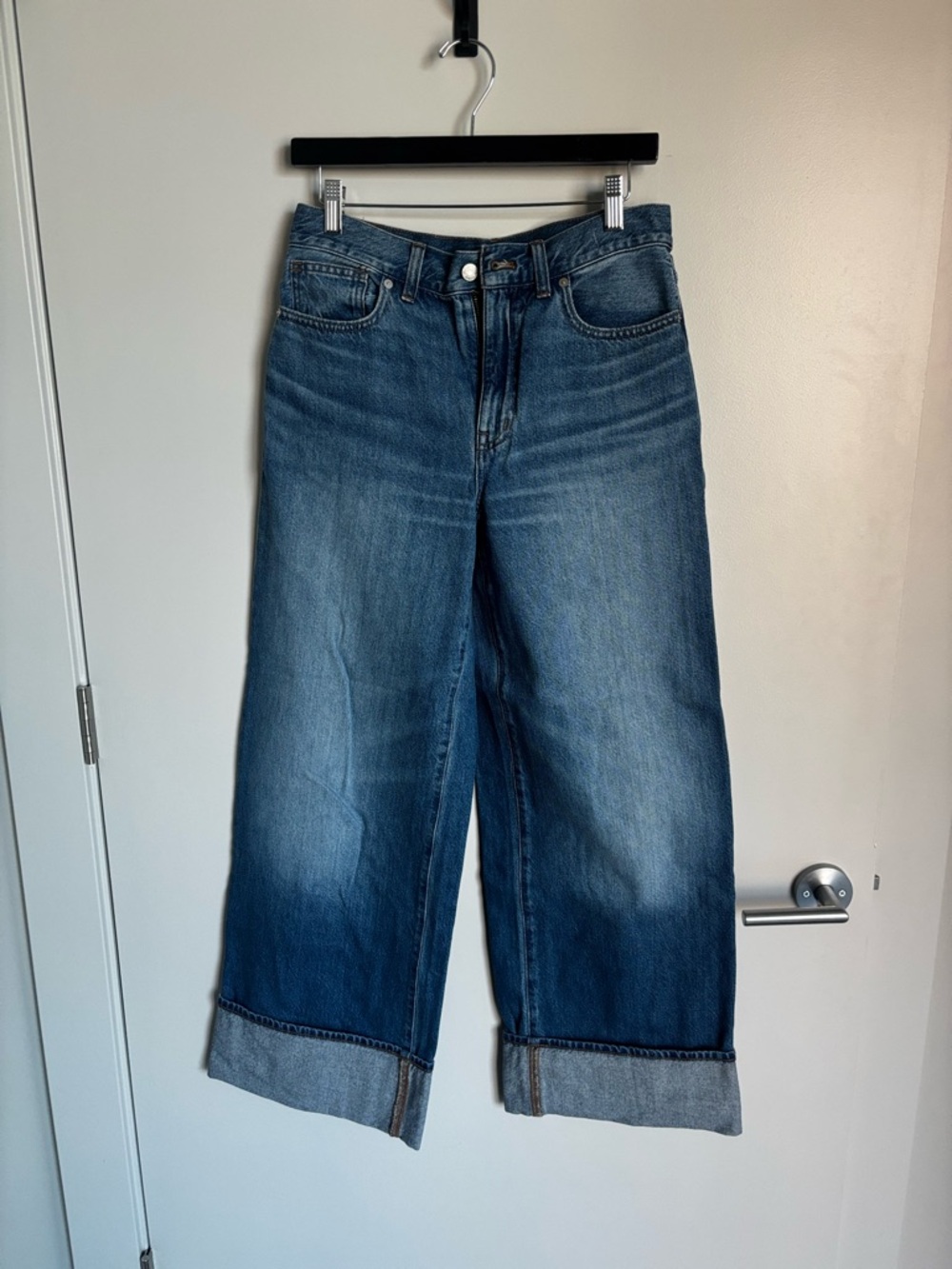 Madewell Cropped Wide-Leg Blue Jeans with Cuffed Hem